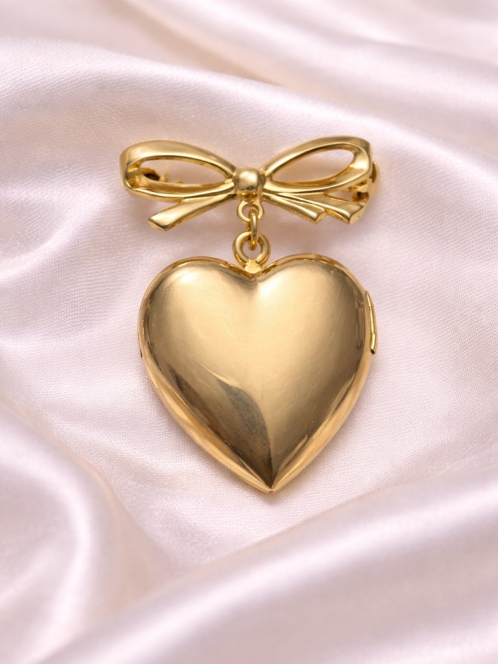 Vintage Gold Heart Locket Pendant with Bow Accent Brooch